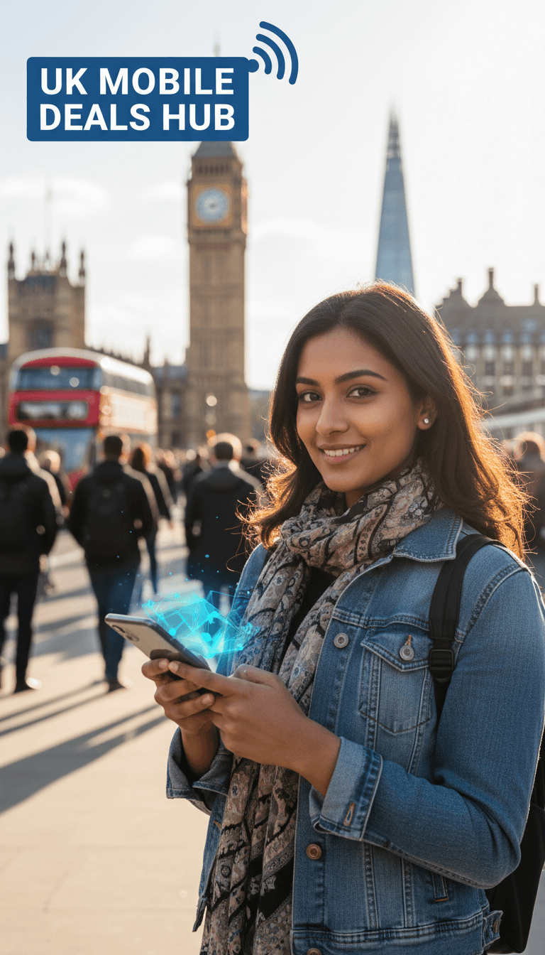 Diverse customer using a smartphone on a busy London street, symbolizing connectivity.