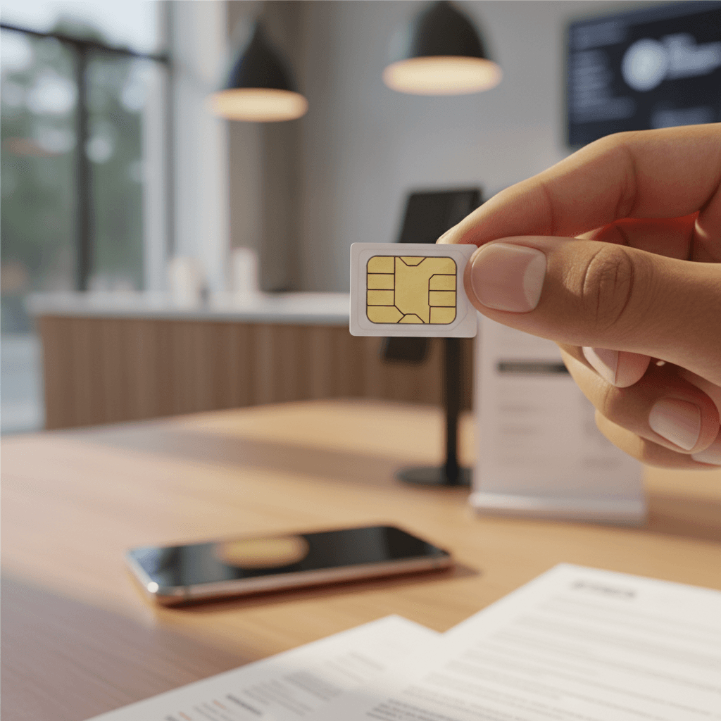 Customer hands examining SIM card in bright retail environment with modern counter in background