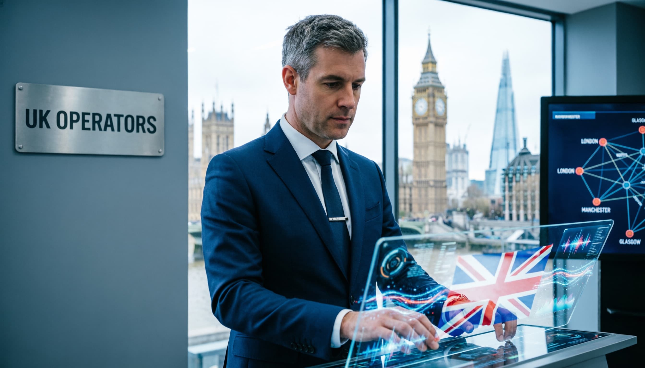Man in suit using a holographic interface with London's Big Ben in the background.